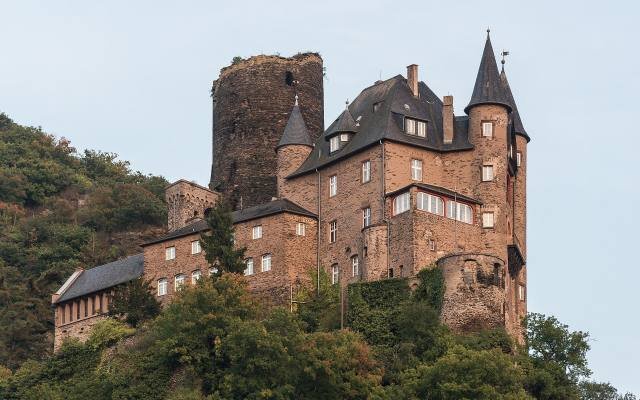 Burg Katz, a stone castle with a round keep and pointed turrets, on a wooded hill