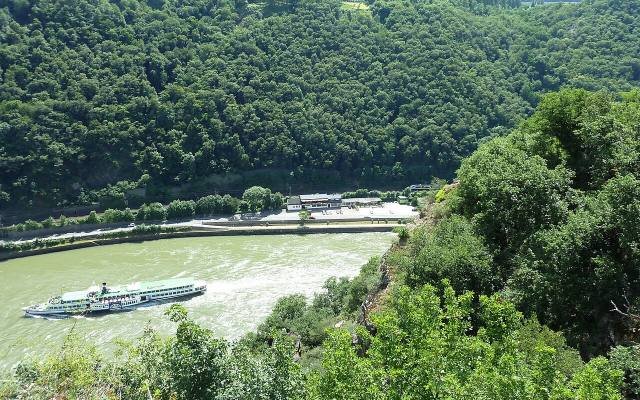 A white passenger ship on the Rhine, seen from high on the wooded slopes near the Loreley
